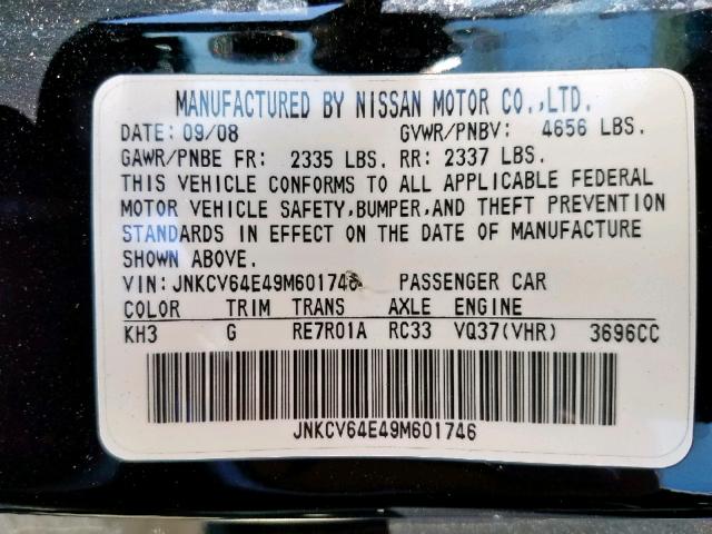 JNKCV64E49M601746 - 2009 INFINITI G37 BASE BLACK photo 10