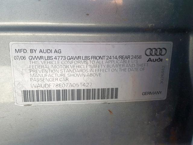 WAUDF78E07A051427 - 2007 AUDI A4 2.0T QU SILVER photo 10