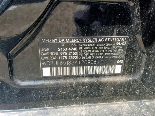 WDBUF65J83A120906 - 2003 MERCEDES-BENZ E 320 BLACK photo 10