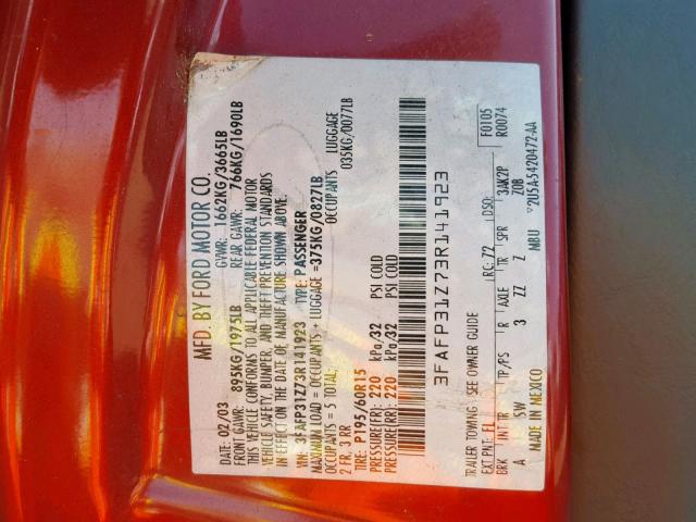 3FAFP31Z73R141923 - 2003 FORD FOCUS ZX3 RED photo 10