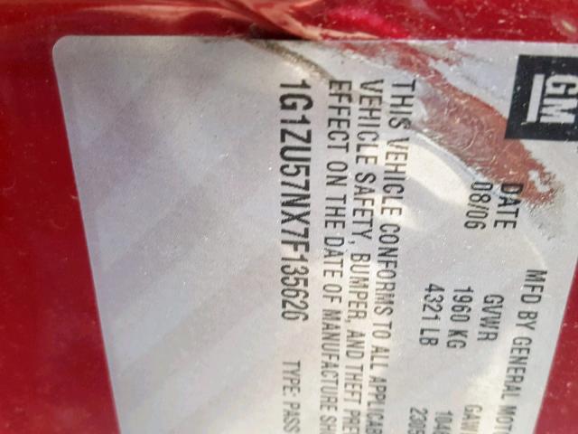 1G1ZU57NX7F135626 - 2007 CHEVROLET MALIBU LTZ წითელი ფოტო 10