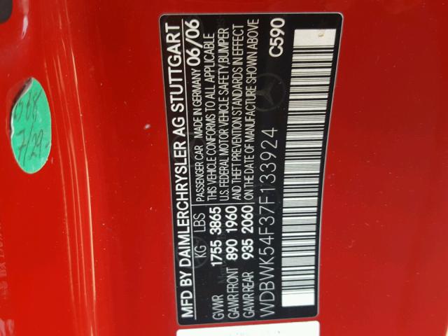 WDBWK54F37F133924 - 2007 MERCEDES-BENZ SLK 280 RED photo 10