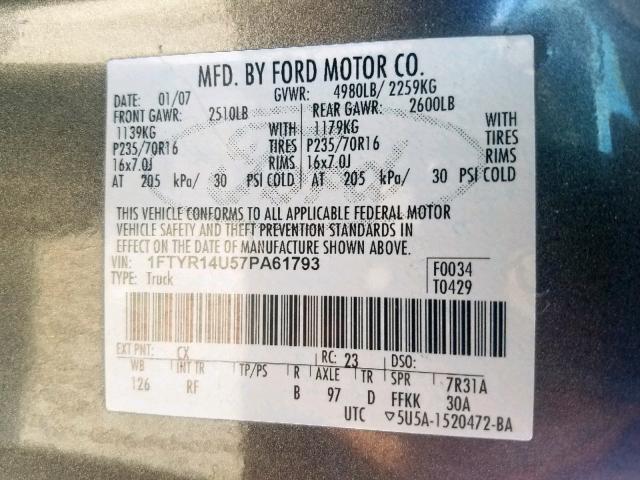 1FTYR14U57PA61793 - 2007 FORD RANGER SUP GRAY photo 10