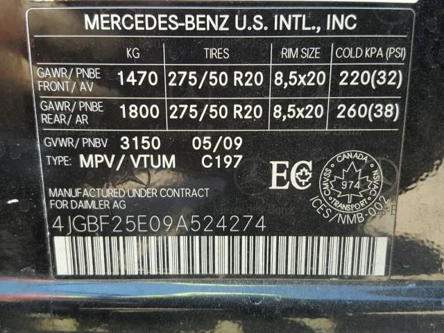 4JGBF25E09A524274 - 2009 MERCEDES-BENZ GL BLACK photo 10