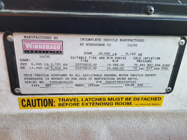 5B4LP57G613327193 - 2001 WORKHORSE CUSTOM CHASSIS MOTORHOME TWO TONE photo 10