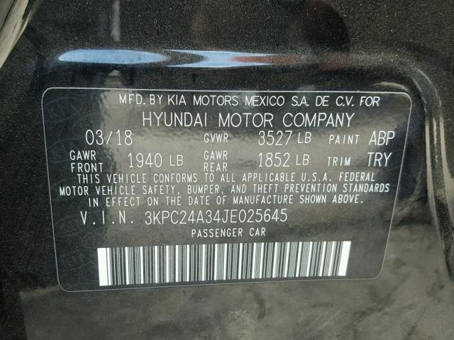 3KPC24A34JE025645 - 2018 HYUNDAI ACCENT SE BLACK photo 10