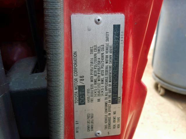 JT4RN50R2H0235371 - 1987 TOYOTA PICKUP 1/2 RED photo 10