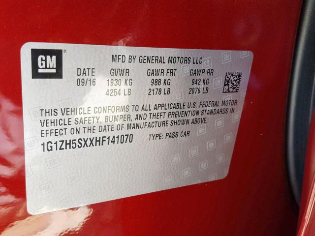 1G1ZH5SXXHF141070 - 2017 CHEVROLET MALIBU PRE 红色 照片 10