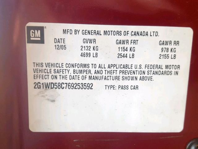 2G1WD58C769253592 - 2006 CHEVROLET IMPALA SUP წითელი ფოტო 10