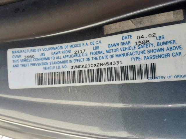 3VWCK21CX2M454331 - 2002 VOLKSWAGEN NEW BEETLE ნაცრისფერი ფოტო 10