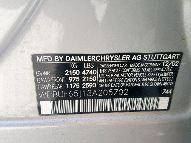 WDBUF65J13A205702 - 2003 MERCEDES-BENZ E 320 SILVER photo 10