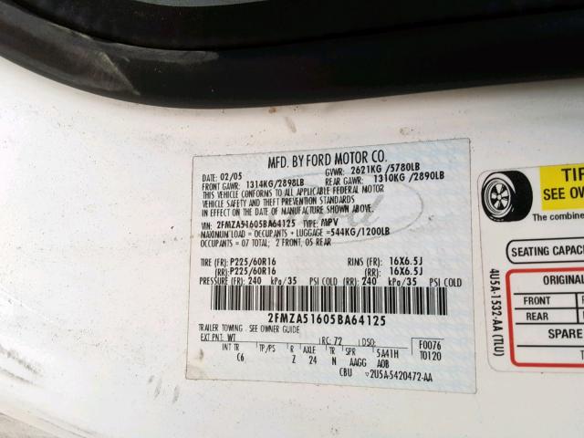 2FMZA51605BA64125 - 2005 FORD FREESTAR S WHITE photo 10