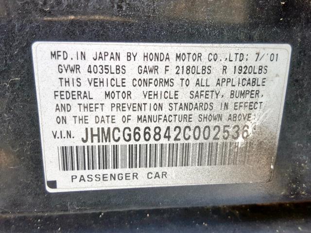 JHMCG66842C002536 - 2002 HONDA ACCORD EX BLACK photo 10