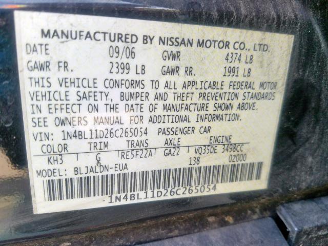 1N4BL11D26C265054 - 2006 NISSAN ALTIMA SE BLACK photo 10