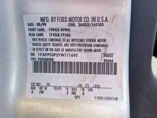 1FAFP33P2YW111695 - 2000 FORD FOCUS LX SILVER photo 10