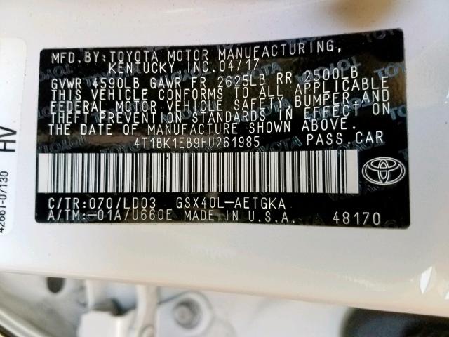 4T1BK1EB9HU261985 - 2017 TOYOTA AVALON XLE WHITE photo 10