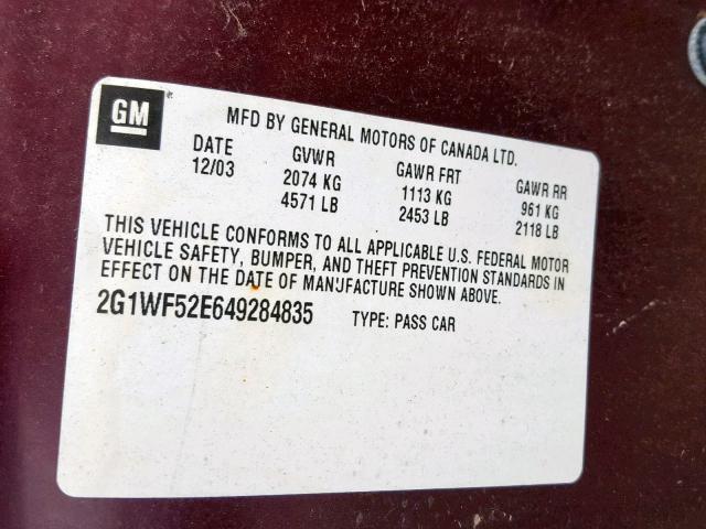 2G1WF52E649284835 - 2004 CHEVROLET IMPALA RED photo 10