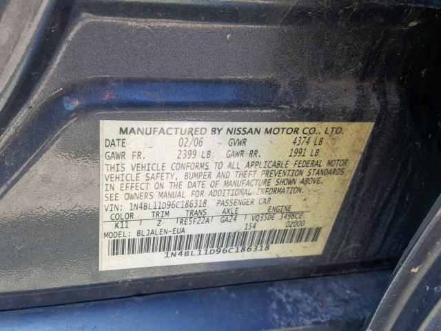 1N4BL11D96C186318 - 2006 NISSAN ALTIMA SE GRAY photo 10