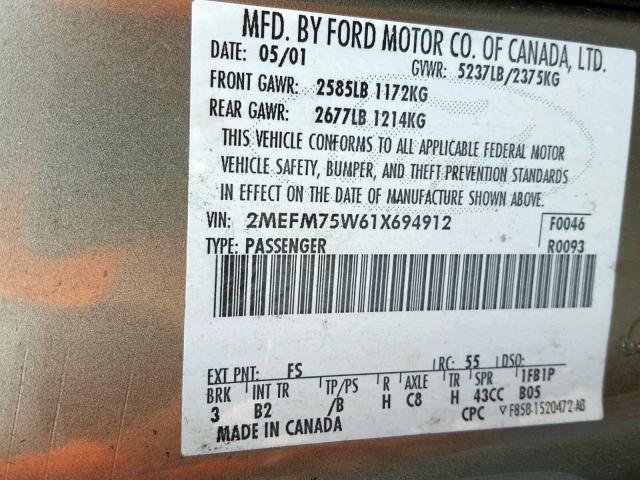 2MEFM75W61X694912 - 2001 MERCURY GRAND MARQ TAN photo 10