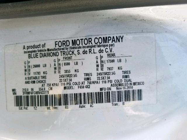 3FRWF6FC0BV433778 - 2011 FORD F650 SUPER WHITE photo 10