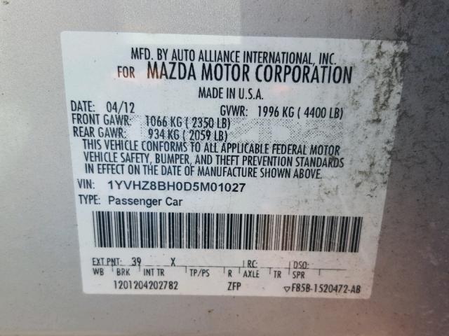 1YVHZ8BH0D5M01027 - 2013 MAZDA 6 SPORT SILVER photo 10