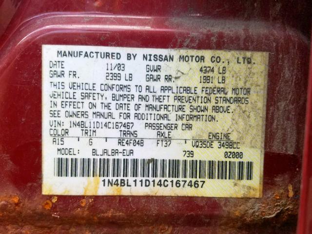 1N4BL11D14C167467 - 2004 NISSAN ALTIMA SE MAROON photo 10