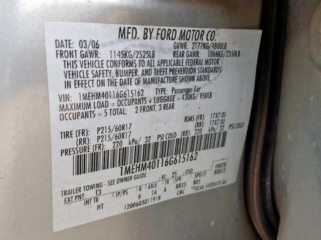 1MEHM40116G615162 - 2006 MERCURY MONTEGO LU GRAY photo 10