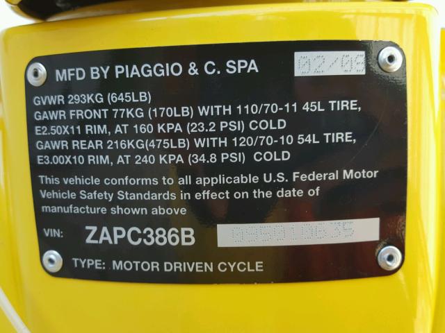 ZAPC386B095010635 - 2009 VESPA LX 50 YELLOW photo 10