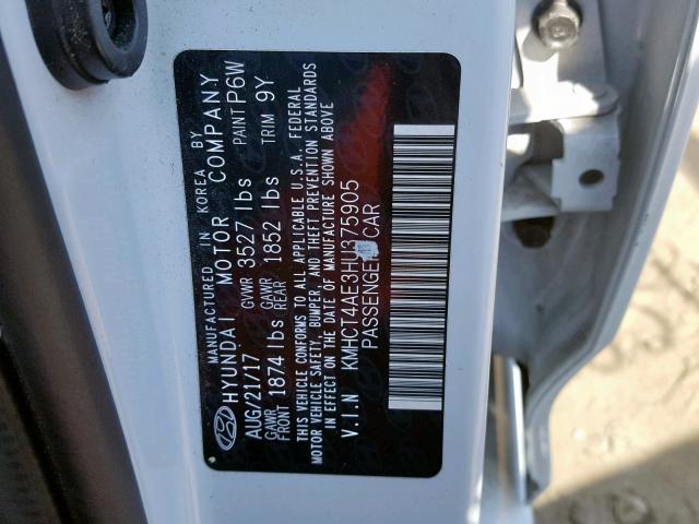 KMHCT4AE3HU375905 - 2017 HYUNDAI ACCENT SE WHITE photo 10