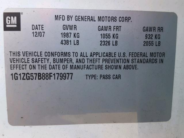 1G1ZG57B88F179977 - 2008 CHEVROLET MALIBU LS 白色 照片 10