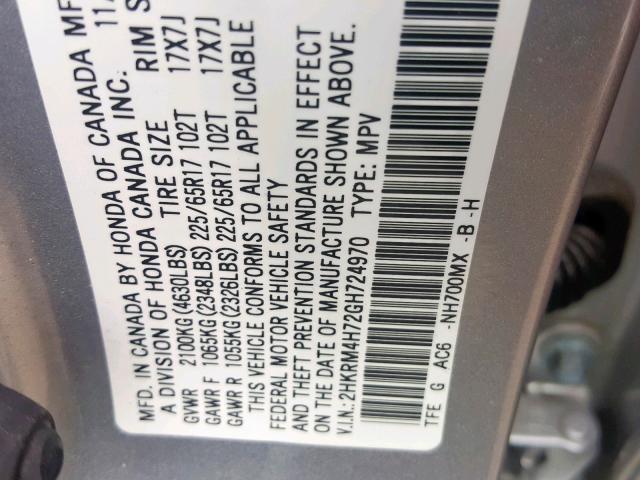 2HKRM4H72GH724970 - 2016 HONDA CR-V EXL SILVER photo 10