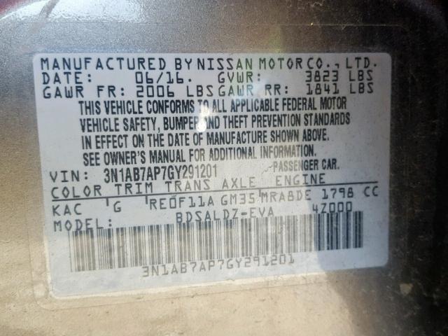 3N1AB7AP7GY291201 - 2016 NISSAN SENTRA S GRAY photo 10