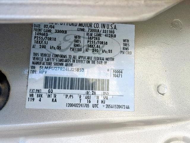 5LMFU27R24LJ25853 - 2004 LINCOLN NAVIGATOR ბეჟი ფოტო 10