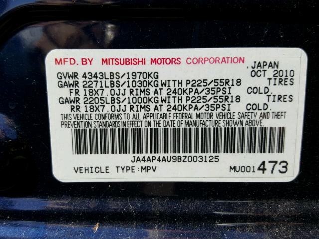 JA4AP4AU9BZ003125 - 2011 MITSUBISHI OUTLANDER BLUE photo 10