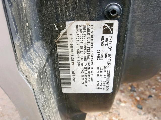 1G8AW12F73Z147582 - 2003 SATURN ION LEVEL SILVER photo 10