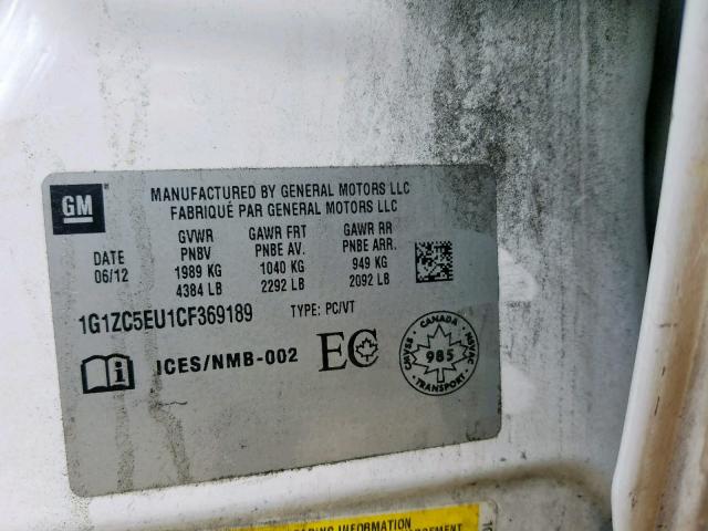 1G1ZC5EU1CF369189 - 2012 CHEVROLET MALIBU 1LT 白色 照片 10