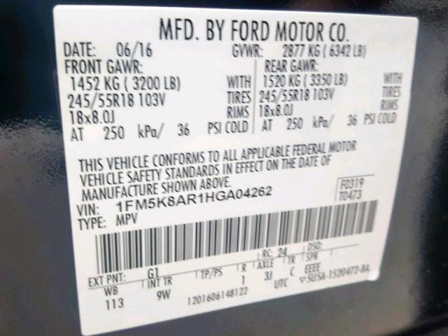 1FM5K8AR1HGA04262 - 2017 FORD EXPLORER P BLACK photo 10