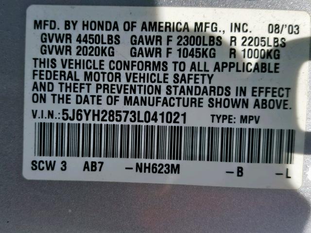 5J6YH28573L041021 - 2003 HONDA ELEMENT EX SILVER photo 10