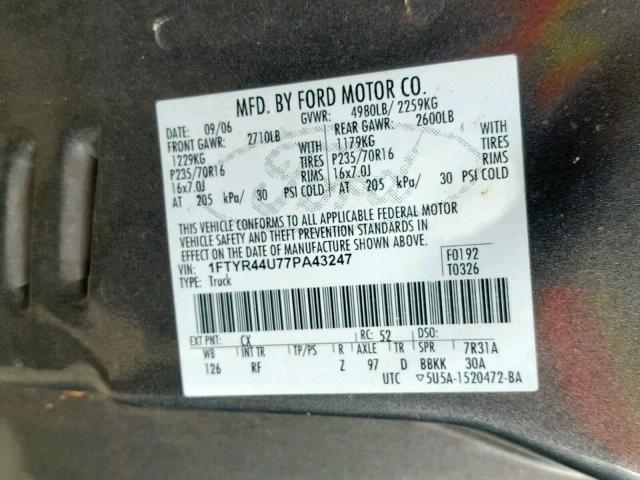 1FTYR44U77PA43247 - 2007 FORD RANGER SUP GRAY photo 10