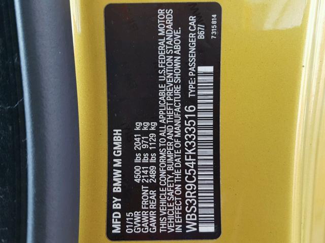 WBS3R9C54FK333516 - 2015 BMW M4 YELLOW photo 10