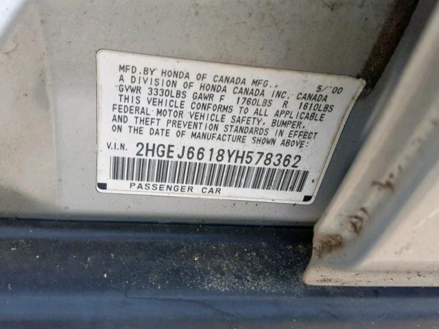 2HGEJ6618YH578362 - 2000 HONDA CIVIC BASE SILVER photo 10