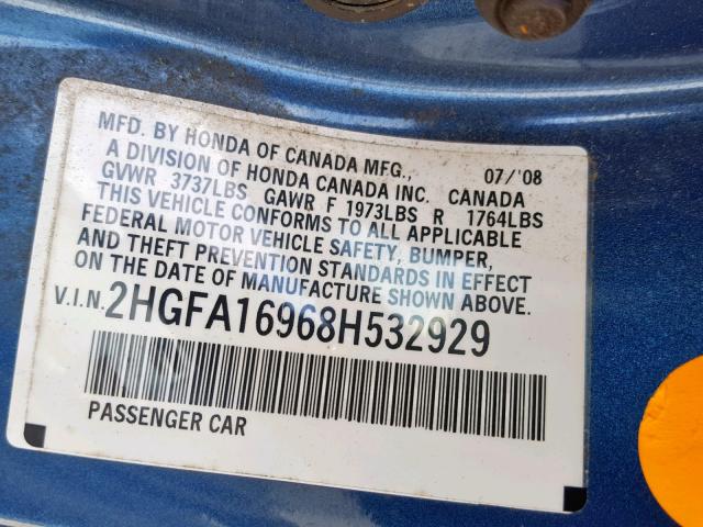 2HGFA16968H532929 - 2008 HONDA CIVIC EXL 蓝色 照片 10