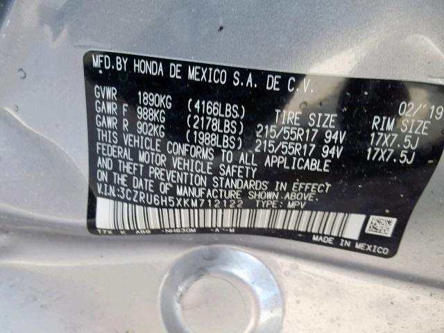 3CZRU6H5XKM712122 - 2019 HONDA HR-V EX SILVER photo 10