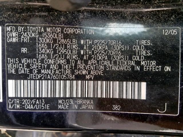 JTEDP21A760105784 - 2006 TOYOTA HIGHLANDER BLACK photo 10