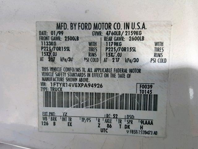 1FTYR14V8XPA94926 - 1999 FORD RANGER SUP WHITE photo 10