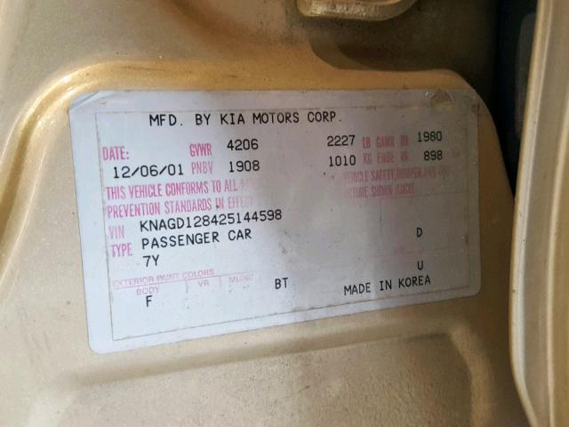 KNAGD128425144598 - 2002 KIA OPTIMA TAN photo 10