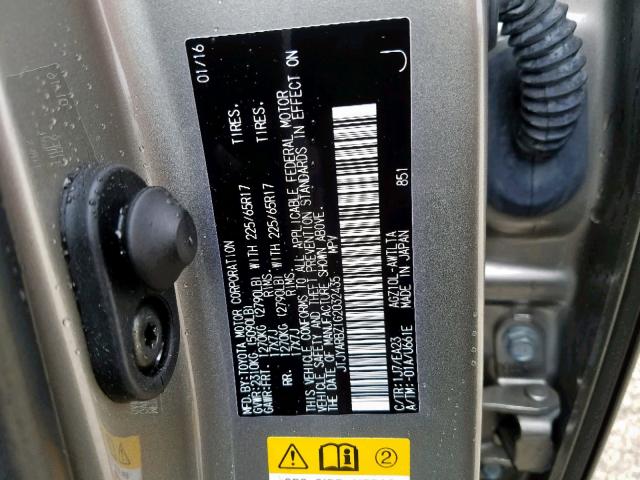 JTJYARBZ1G2032435 - 2016 LEXUS NX 200T GRAY photo 10