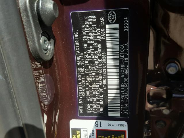 4T1BK1EB2FU190268 - 2015 TOYOTA AVALON XLE MAROON photo 10