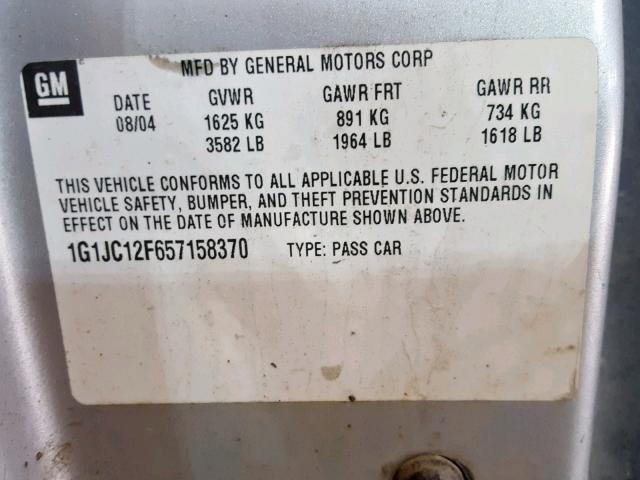 1G1JC12F657158370 - 2005 CHEVROLET CAVALIER SILVER photo 10