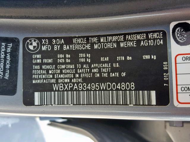 WBXPA93495WD04808 - 2005 BMW X3 3.0I SILVER photo 10